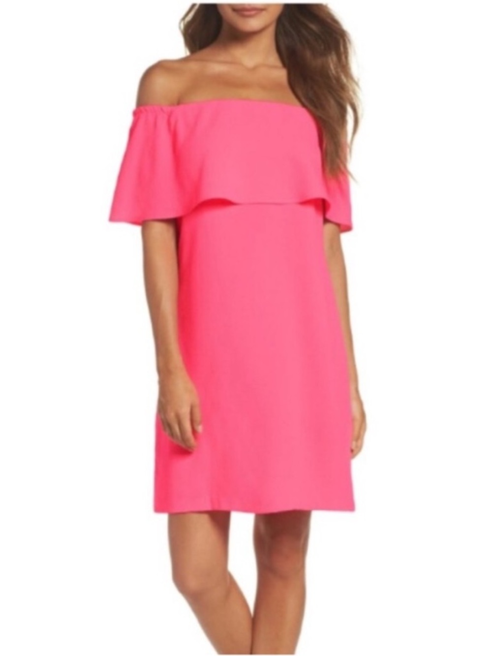 Nordstrom Off-Shoulder Neon Pink Ruffle Shift Dress